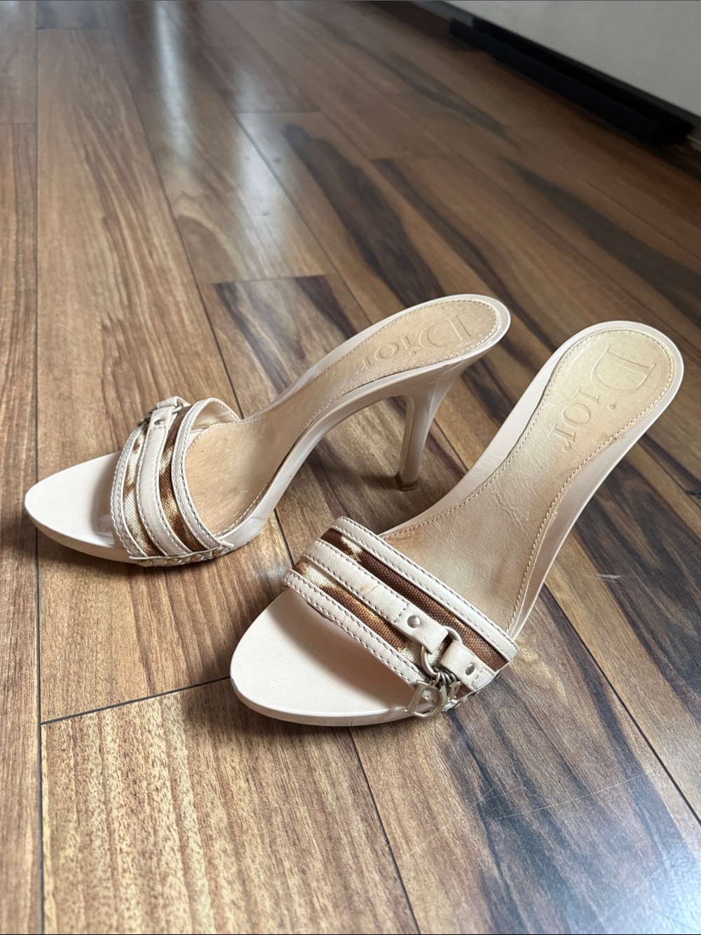 Dior Nude Strappy Leather & Wood Mule Heels sz 9